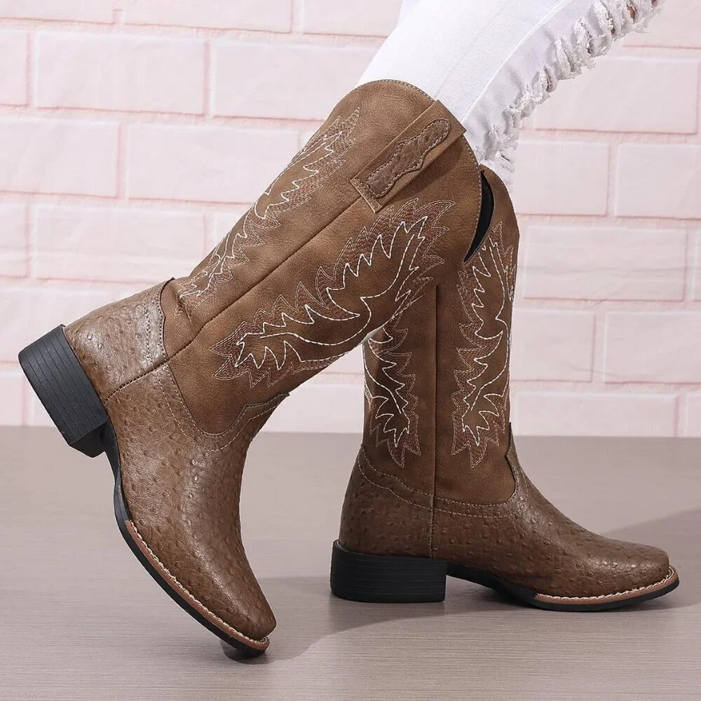 Women Brown Western Cowboy Boots for Mid Calf Cowgirl Boot Snip Toe Chunky Heel